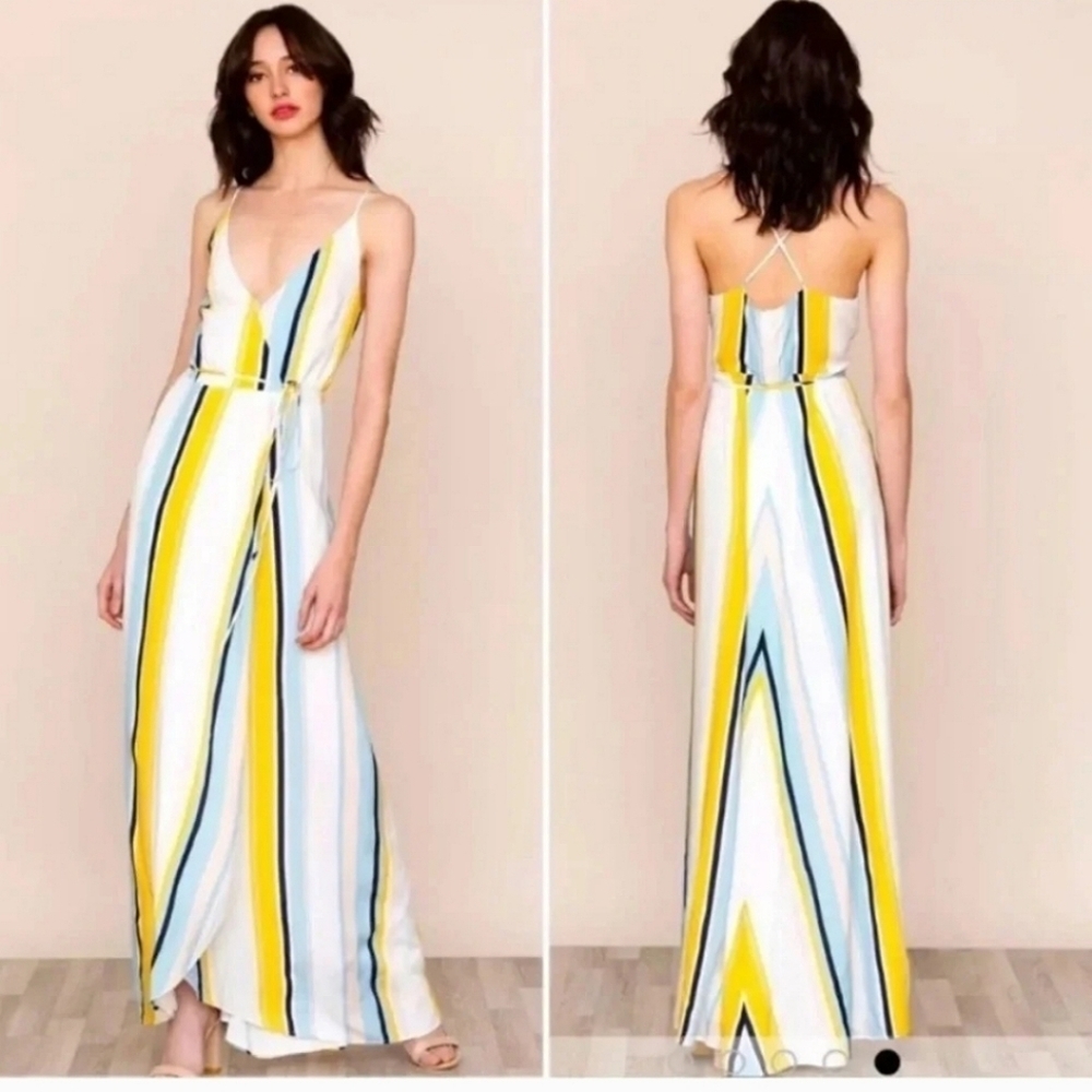 Yumi Kim Striped V-Neck Wrap Full Length Maxi Dress Medium White Spaghetti Strap